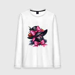 Лонгслив хлопковый мужской Девушка в гриме кошки и в черной шляпе и с розовым, цвет: белый