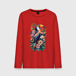 Лонгслив хлопковый мужской Милый тукан среди цветов, цвет: красный