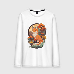 Лонгслив хлопковый мужской Лиса в японском стиле на фоне гор, цвет: белый