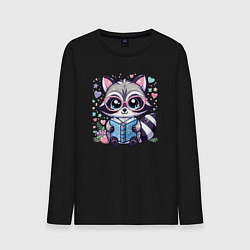 Лонгслив хлопковый мужской Енот читающий книгу, цвет: черный