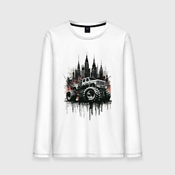 Лонгслив хлопковый мужской Грузовик на фоне города, цвет: белый