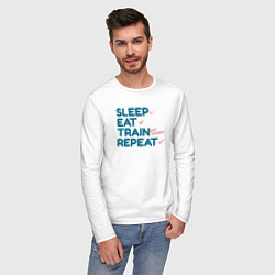 Лонгслив хлопковый мужской Eat sleep train repeat - blue and red, цвет: белый — фото 2