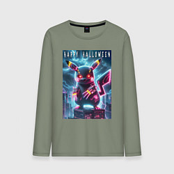 Лонгслив хлопковый мужской Pikachu with a cyber claws - halloween, цвет: авокадо
