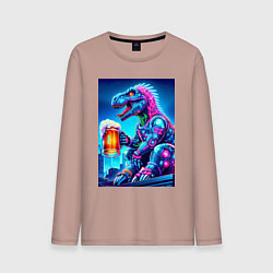 Лонгслив хлопковый мужской Cyber tyrannosaur with a mug of beer - ai art fant, цвет: пыльно-розовый