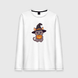 Мужской лонгслив Кот в шляпе ведьмы с тыквой
