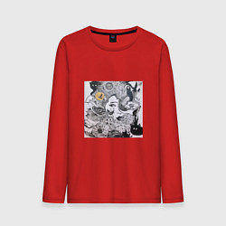 Лонгслив хлопковый мужской Лицо в абстракционистском стиле и животные, цвет: красный