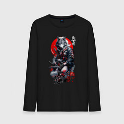 Лонгслив хлопковый мужской Волк самурай - гравюра, цвет: черный