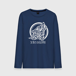 Лонгслив хлопковый мужской Эмблема белый славянский волк, цвет: тёмно-синий