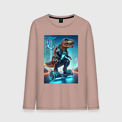 Лонгслив хлопковый мужской Cyber tyrannosaur on a hoverboard - neon glow fant, цвет: пыльно-розовый