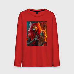 Лонгслив хлопковый мужской Ведьма с рыжим котом - хэллоуин, цвет: красный