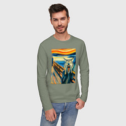 Лонгслив хлопковый мужской Волк кричит на картине Эдварда Мунка - мем искусст, цвет: авокадо — фото 2