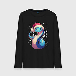 Лонгслив хлопковый мужской Синяя змея с снежинками, цвет: черный