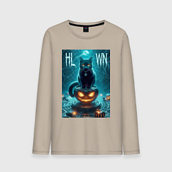 Лонгслив хлопковый мужской Чёрный кот сидит на тыкве - хэллоуин, цвет: миндальный