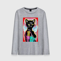 Лонгслив хлопковый мужской Фигуристая чёрная кошечка в стиле поп-арт, цвет: меланж