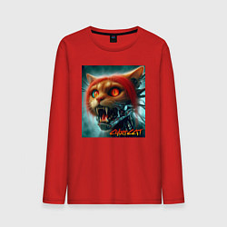 Лонгслив хлопковый мужской Super cyber red cat - ai art fantasy, цвет: красный