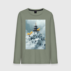 Лонгслив хлопковый мужской Тихий японский пейзаж, цвет: авокадо
