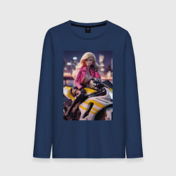 Лонгслив хлопковый мужской Barbie on a Kawasaki sports motorcycle, цвет: тёмно-синий