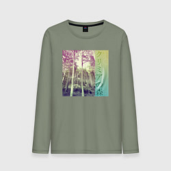 Лонгслив хлопковый мужской Крымский лес японскими иероглифами, цвет: авокадо