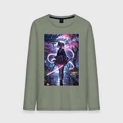 Мужской лонгслив Девушка с катаной на фоне цветущей сакуры