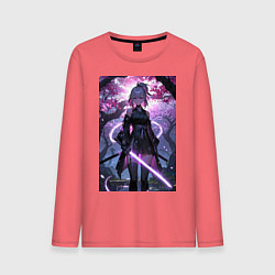 Мужской лонгслив Девушка с катаной на фоне цветущей сакуры