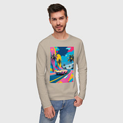 Лонгслив хлопковый мужской Кабриолет едет по тропическому острову в стиле Куб, цвет: миндальный — фото 2