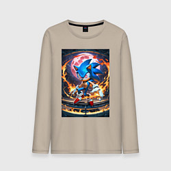 Лонгслив хлопковый мужской Соник на фоне красной Луны, цвет: миндальный