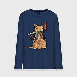 Лонгслив хлопковый мужской Кот самурай Якудза, цвет: тёмно-синий