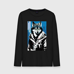Лонгслив хлопковый мужской Волк в мегаполисе - нейроарт, цвет: черный
