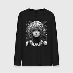 Лонгслив хлопковый мужской Аниме портрет девушки в черно-белом цвете, цвет: черный