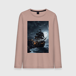 Лонгслив хлопковый мужской Пиратский корабль в шторм, цвет: пыльно-розовый