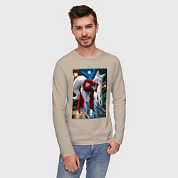 Лонгслив хлопковый мужской Белоснежная лиса лунной ночью, цвет: миндальный — фото 2