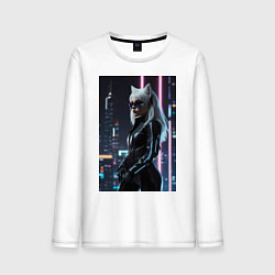 Лонгслив хлопковый мужской Девушка с кошачьими ушами стоит на фоне небоскребо, цвет: белый