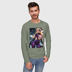 Лонгслив хлопковый мужской Девушка с оружием в киберпанк стиле, цвет: авокадо — фото 2