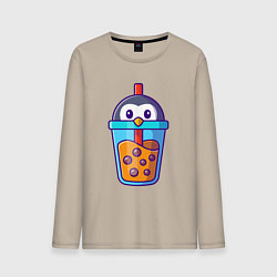 Лонгслив хлопковый мужской Пингвинчик и напиток, цвет: миндальный