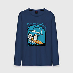 Лонгслив хлопковый мужской Пингвин покорил волну, цвет: тёмно-синий