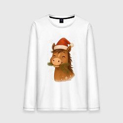 Лонгслив хлопковый мужской Лошадка жует елочные ветки, цвет: белый
