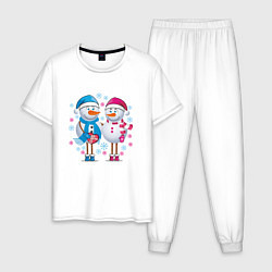 Пижама хлопковая мужская Влюбленные снеговики, цвет: белый