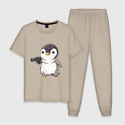 Пижама хлопковая мужская Пингвин с пистолетом, цвет: миндальный