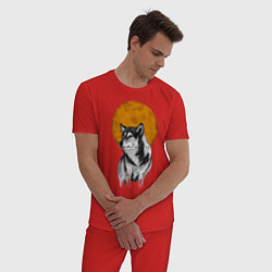 Пижама хлопковая мужская Волк под луной, цвет: красный — фото 2