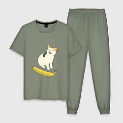 Пижама хлопковая мужская Cat no banana meme, цвет: авокадо
