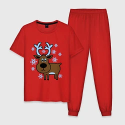 Пижама хлопковая мужская Олень и снежинки, цвет: красный