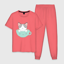 Пижама хлопковая мужская Чайный котик, цвет: коралловый