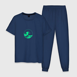 Пижама хлопковая мужская Большая волна неон, цвет: тёмно-синий
