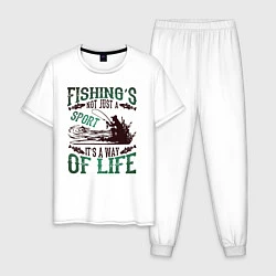 Пижама хлопковая мужская Рыбалка моя жизнь, цвет: белый