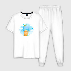 Пижама хлопковая мужская Осьминог в стаканчике, цвет: белый