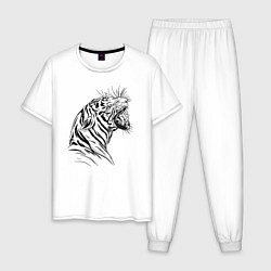 Пижама хлопковая мужская Чёрно белый рисунок тигра, цвет: белый