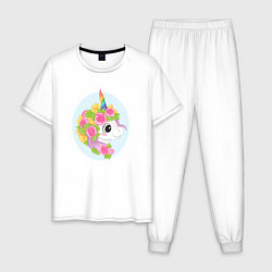 Пижама хлопковая мужская Единорог в цветах, цвет: белый