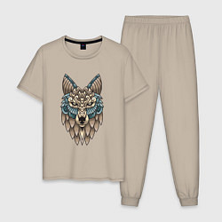 Пижама хлопковая мужская Волк орнамент, цвет: миндальный