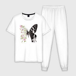 Пижама хлопковая мужская Бабочка и цветы, цвет: белый