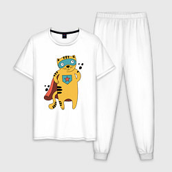 Пижама хлопковая мужская Кот Герой, цвет: белый